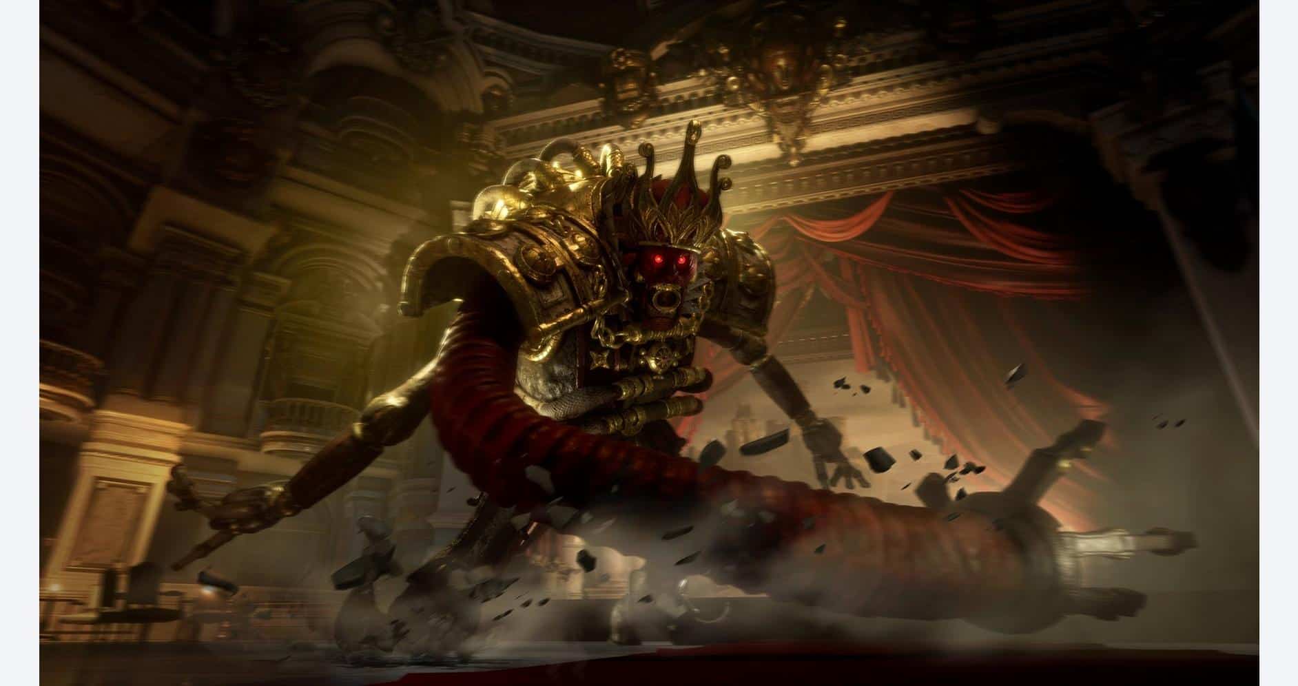 Large armored monster with glowing red eyes attacking in a grand hall.