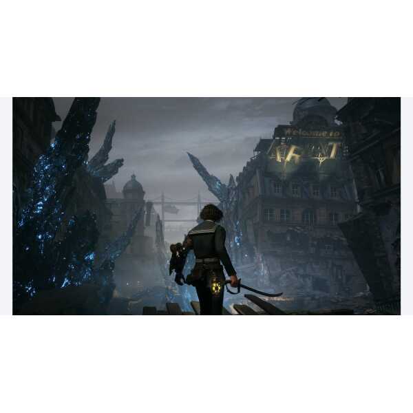 Dark city street with a mysterious character and glowing blue crystals, evoking a fantasy or sci-fi.