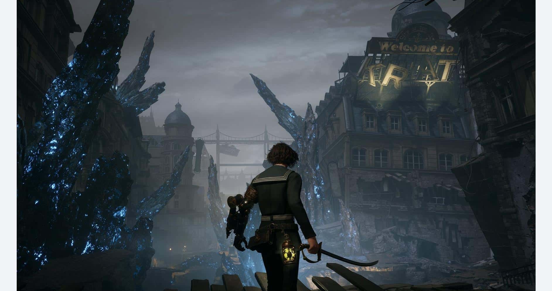 Dark city street with a mysterious character and glowing blue crystals, evoking a fantasy or sci-fi.