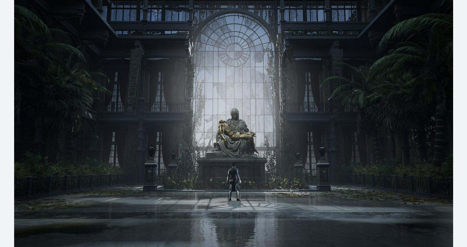 Indoor garden with lush plants and a central statue in a modern, glass-domed building.