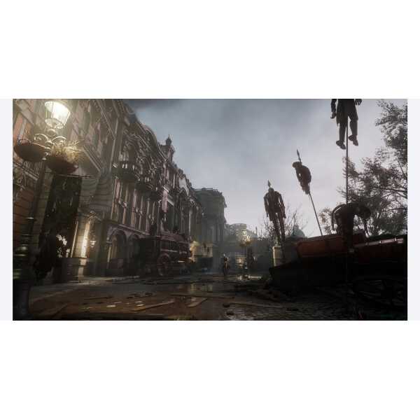 Ruined cityscape featuring damaged architecture and fallen statues in a post-apocalyptic setting.