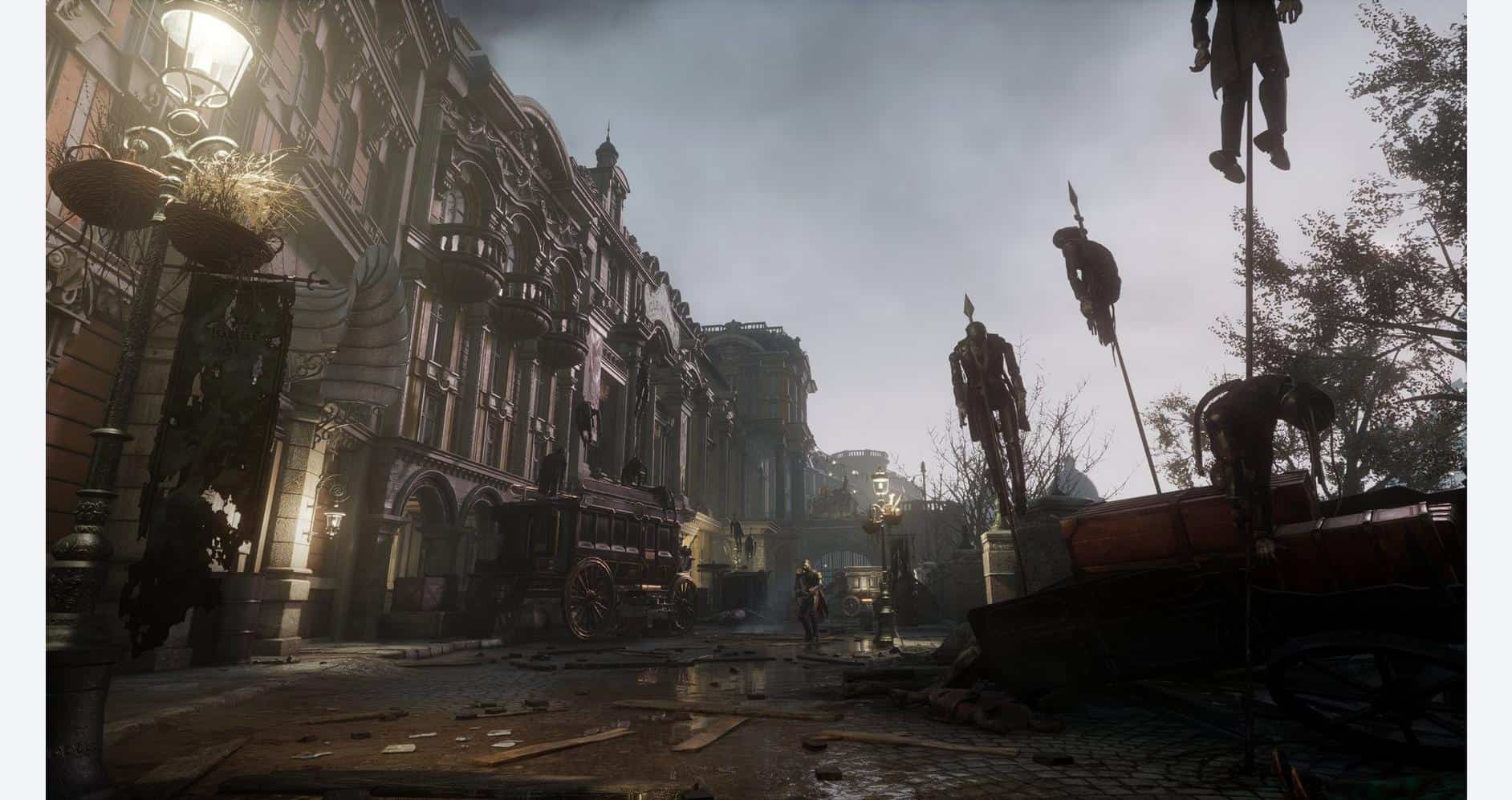 Ruined cityscape featuring damaged architecture and fallen statues in a post-apocalyptic setting.