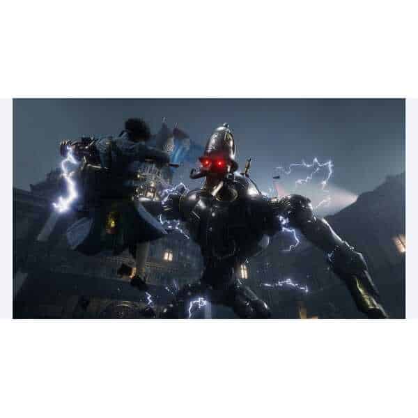 Epic battle scene featuring a human fighting a giant robot amidst lightning storms in a cityscape.