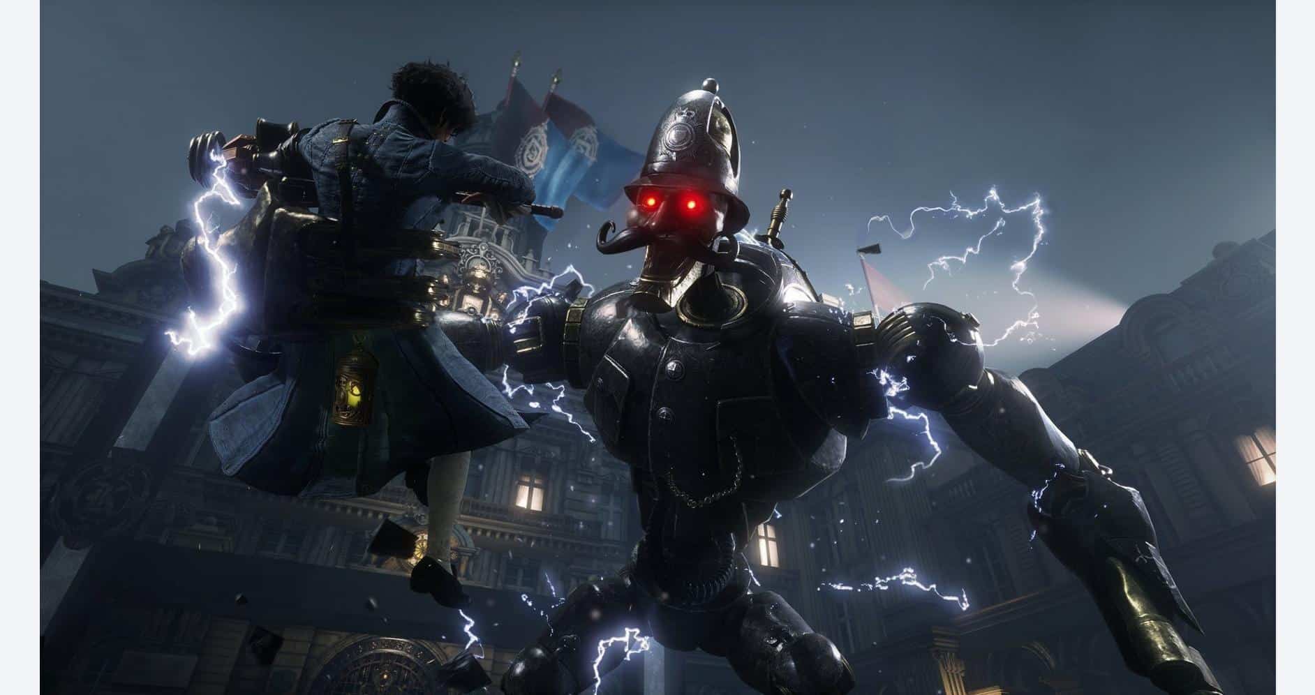 Epic battle scene featuring a human fighting a giant robot amidst lightning storms in a cityscape.
