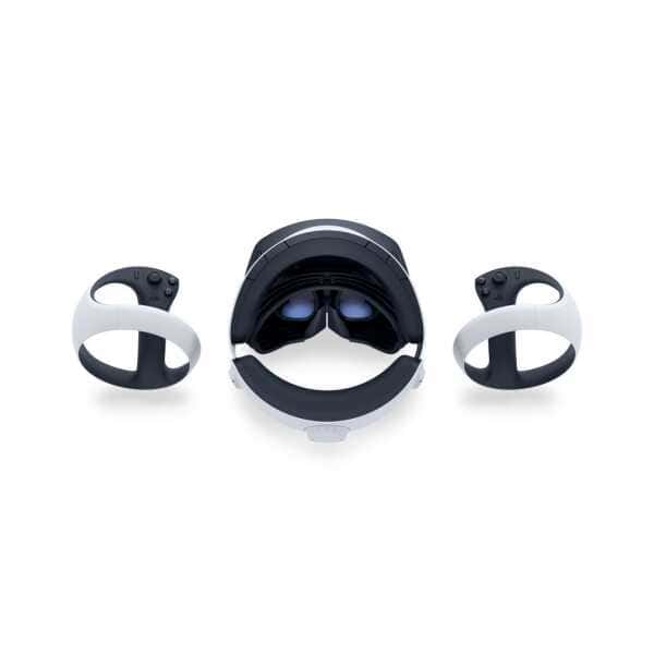 VR headset with motion controllers for virtual reality gaming experiences.