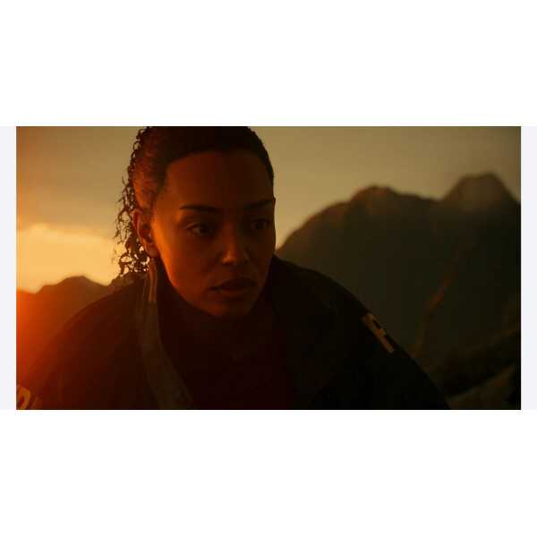 Female character in action scene with mountains at sunset, gaming or adventure theme.