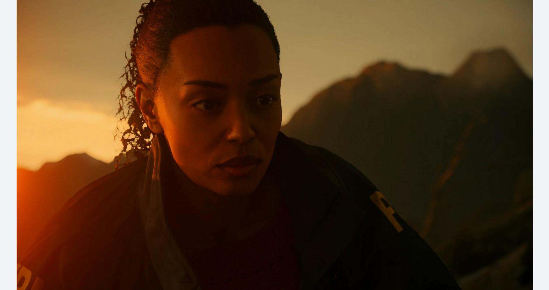 Female character in action scene with mountains at sunset, gaming or adventure theme.