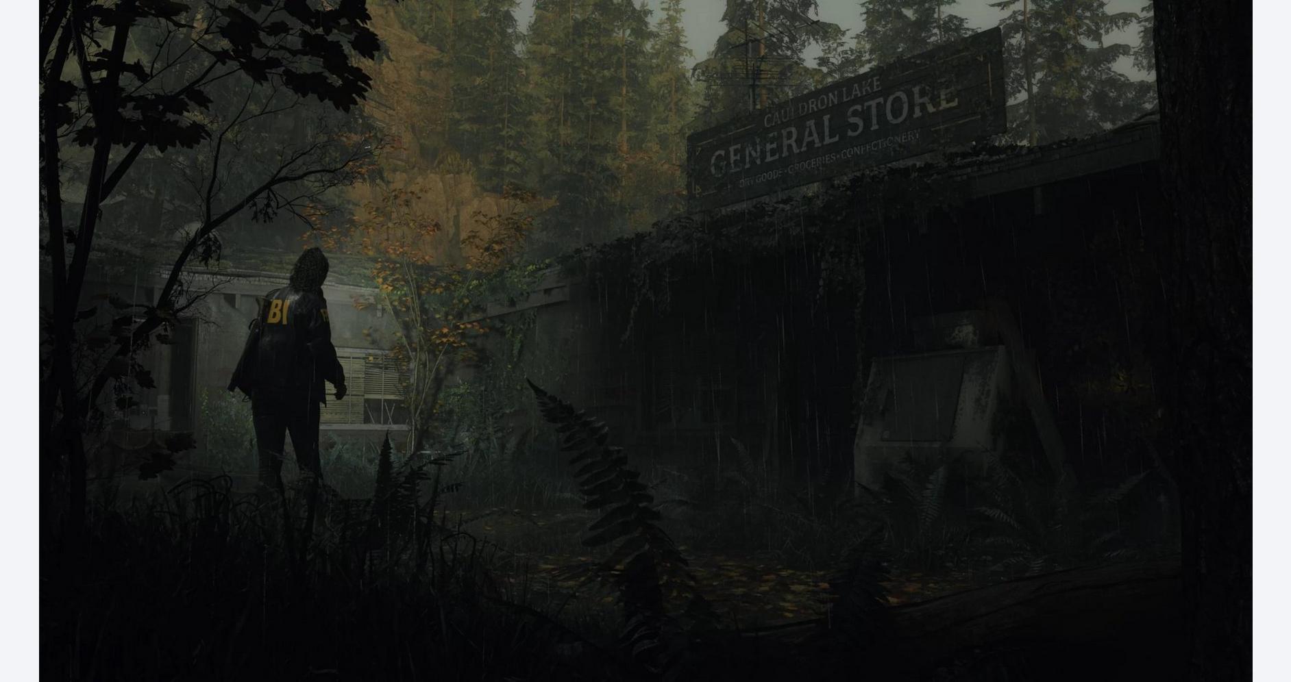 Abandoned general store in a dense, foggy forest setting, evoking a mysterious and atmospheric gamin.