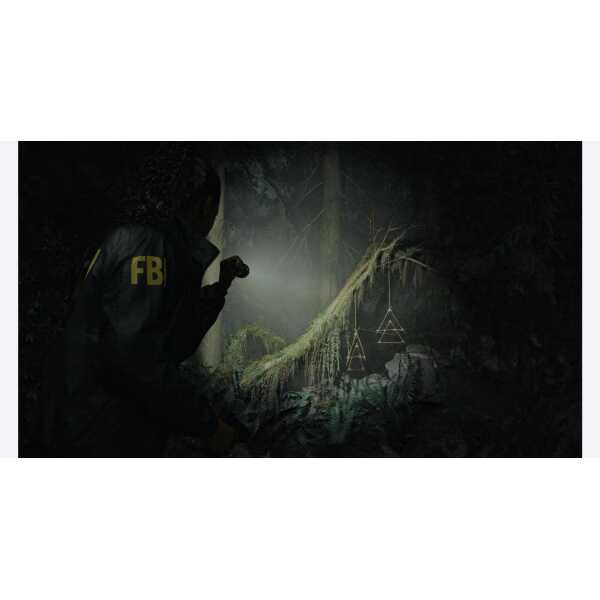 FBI agent exploring a mysterious, dark forest scene with a flashlight illuminating ancient symbols a.