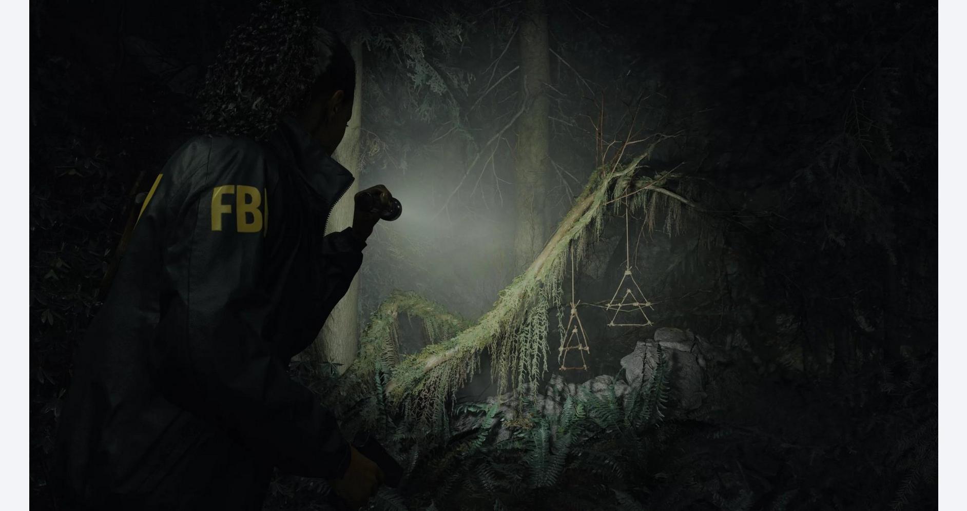 FBI agent exploring a mysterious, dark forest scene with a flashlight illuminating ancient symbols a.