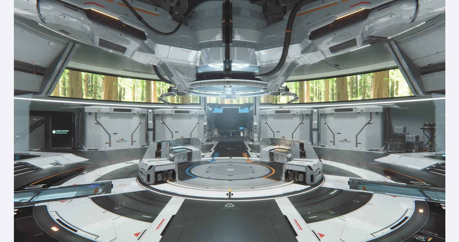 High-tech space station with advanced consoles and sleek design.