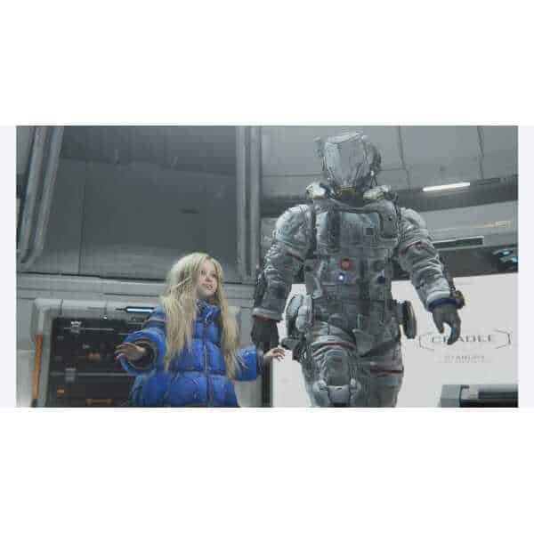 Child meets futuristic robot in a high-tech environment.