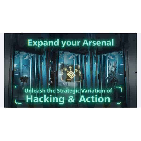 Futuristic gaming room with digital hacking interface and neon lights.