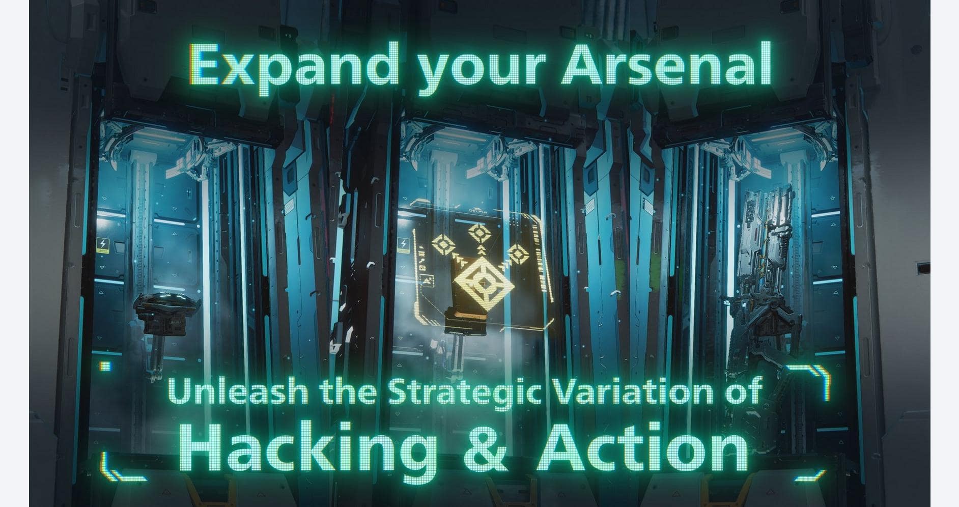 Futuristic gaming room with digital hacking interface and neon lights.