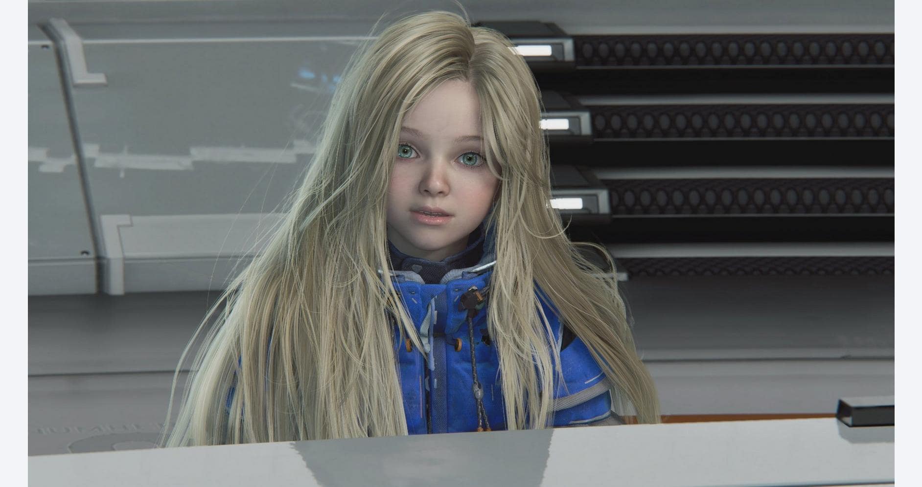 Young girl in a high-tech gaming room with advanced equipment.