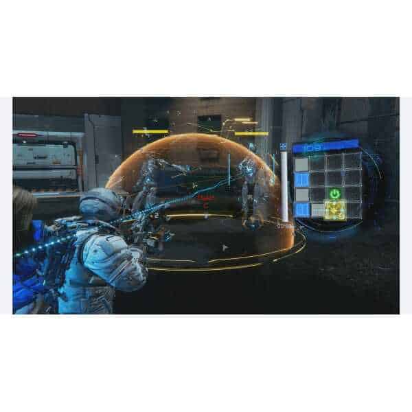 Futuristic soldier engaging in a high-tech combat scenario with holographic displays and advanced we.