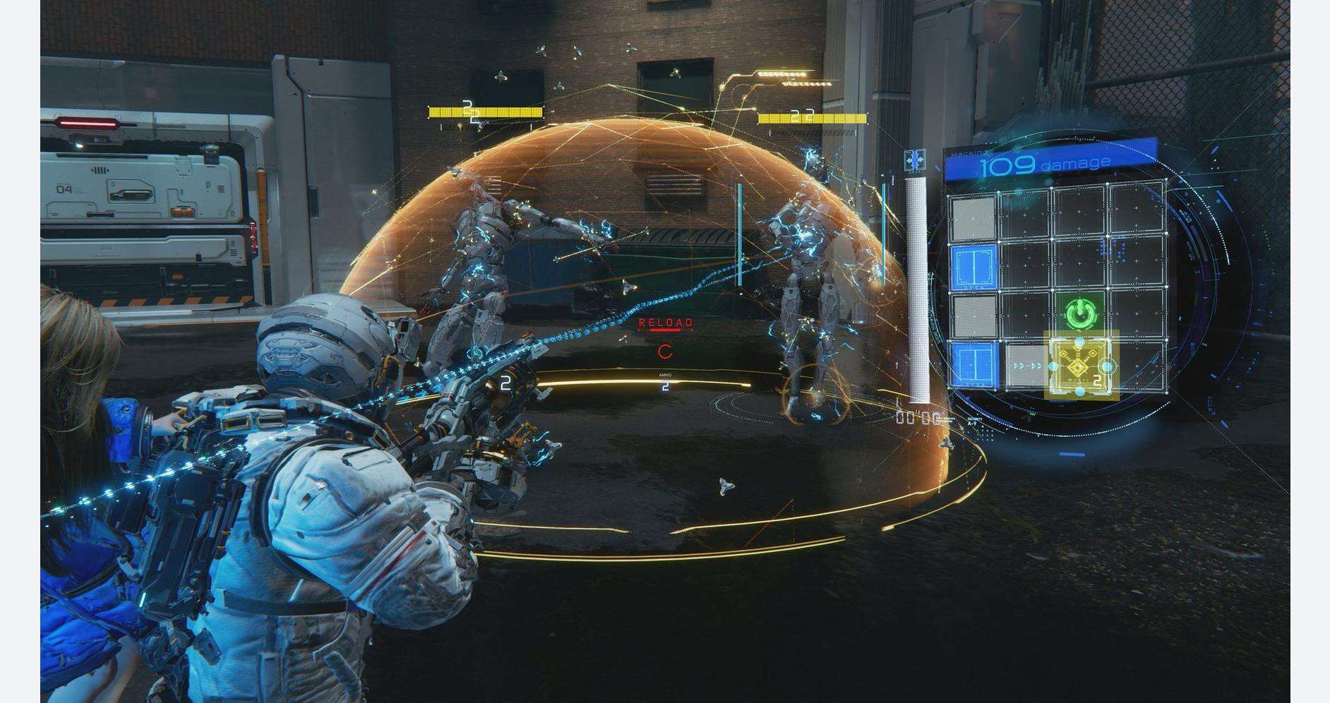 Futuristic soldier engaging in a high-tech combat scenario with holographic displays and advanced we.