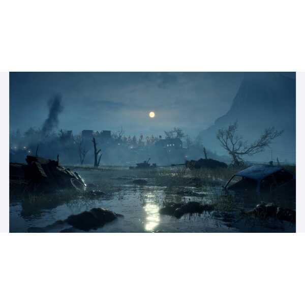 Post-apocalyptic landscape with wrecked vehicles and eerie moonlit sky.