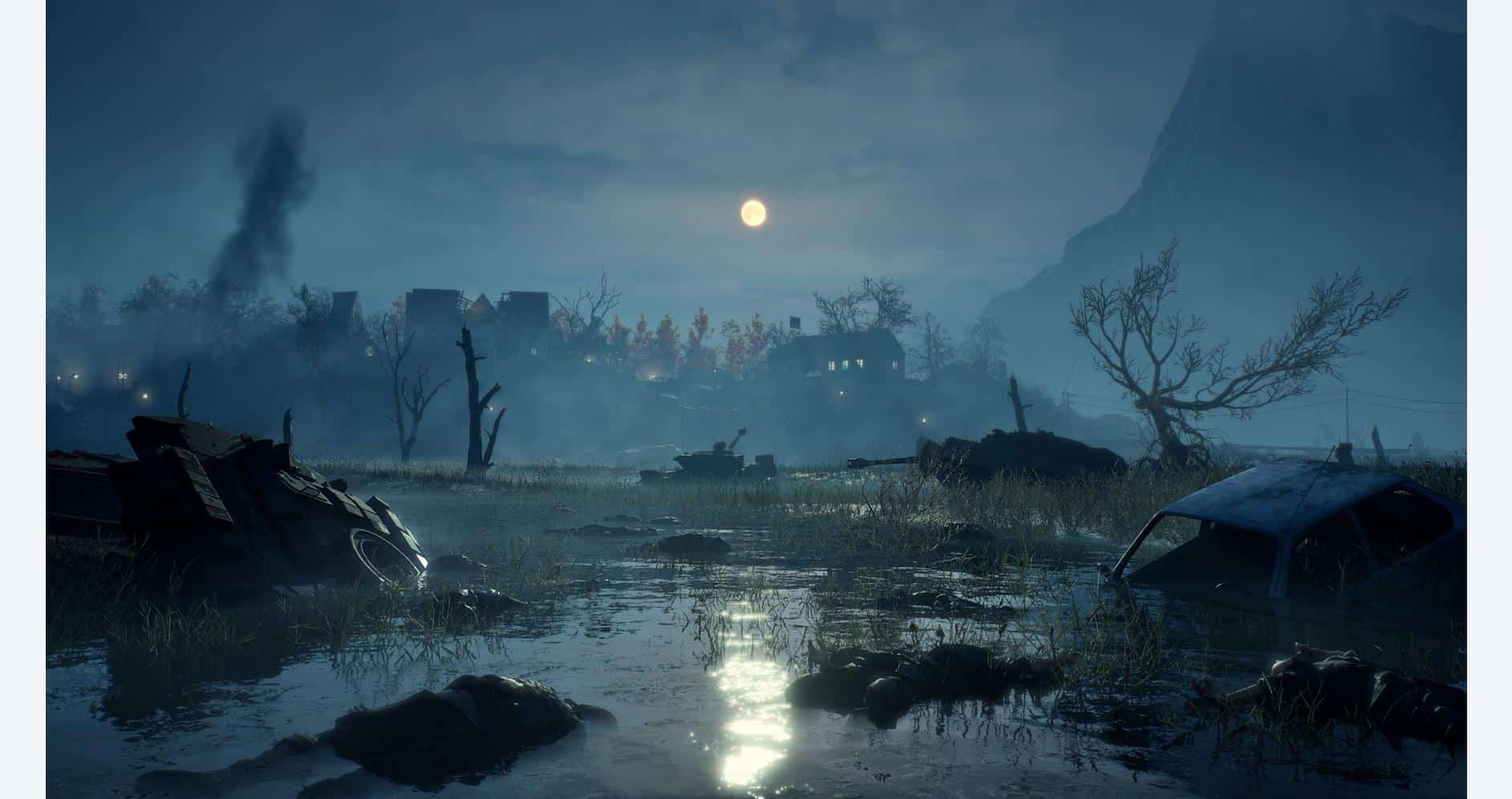 Post-apocalyptic landscape with wrecked vehicles and eerie moonlit sky.