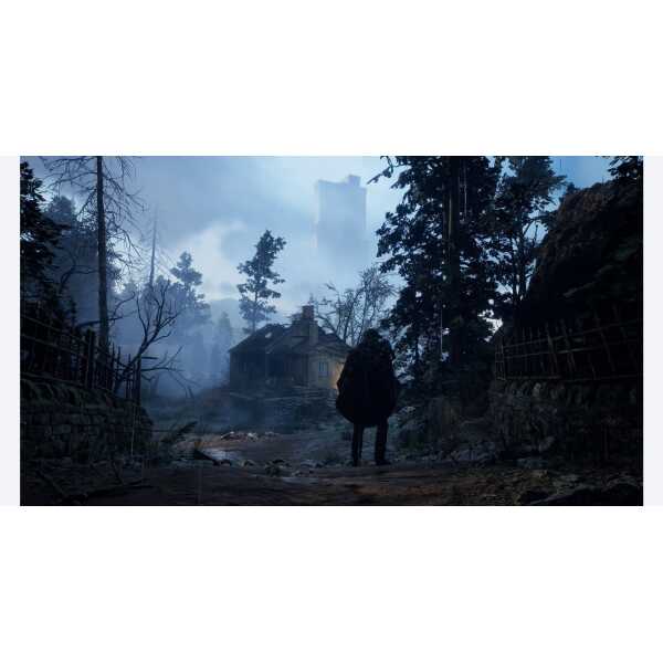 Eerie forest scene with a lone figure and abandoned house in a foggy, dark woods.