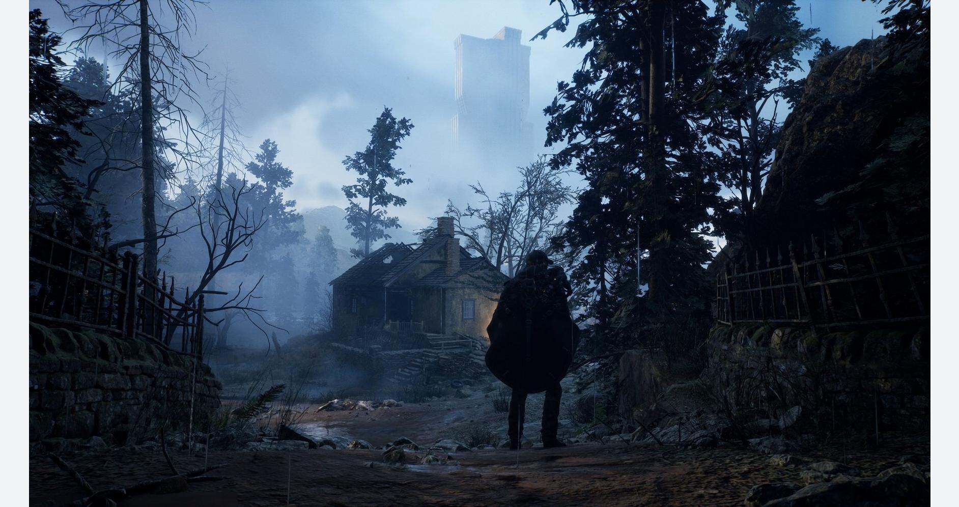 Eerie forest scene with a lone figure and abandoned house in a foggy, dark woods.