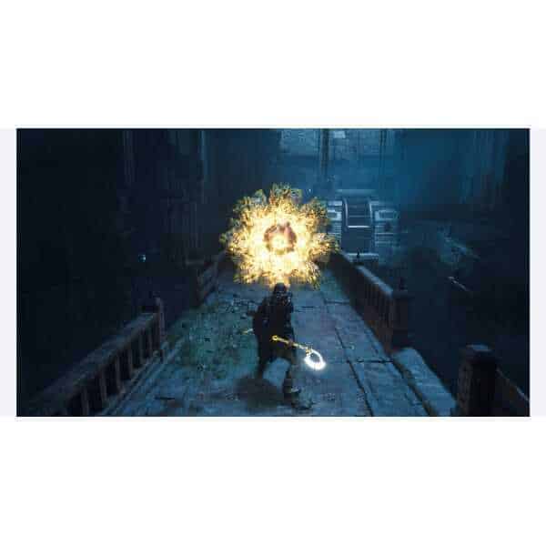 Firefighter battling explosion in urban environment, action-packed scene from a video game.