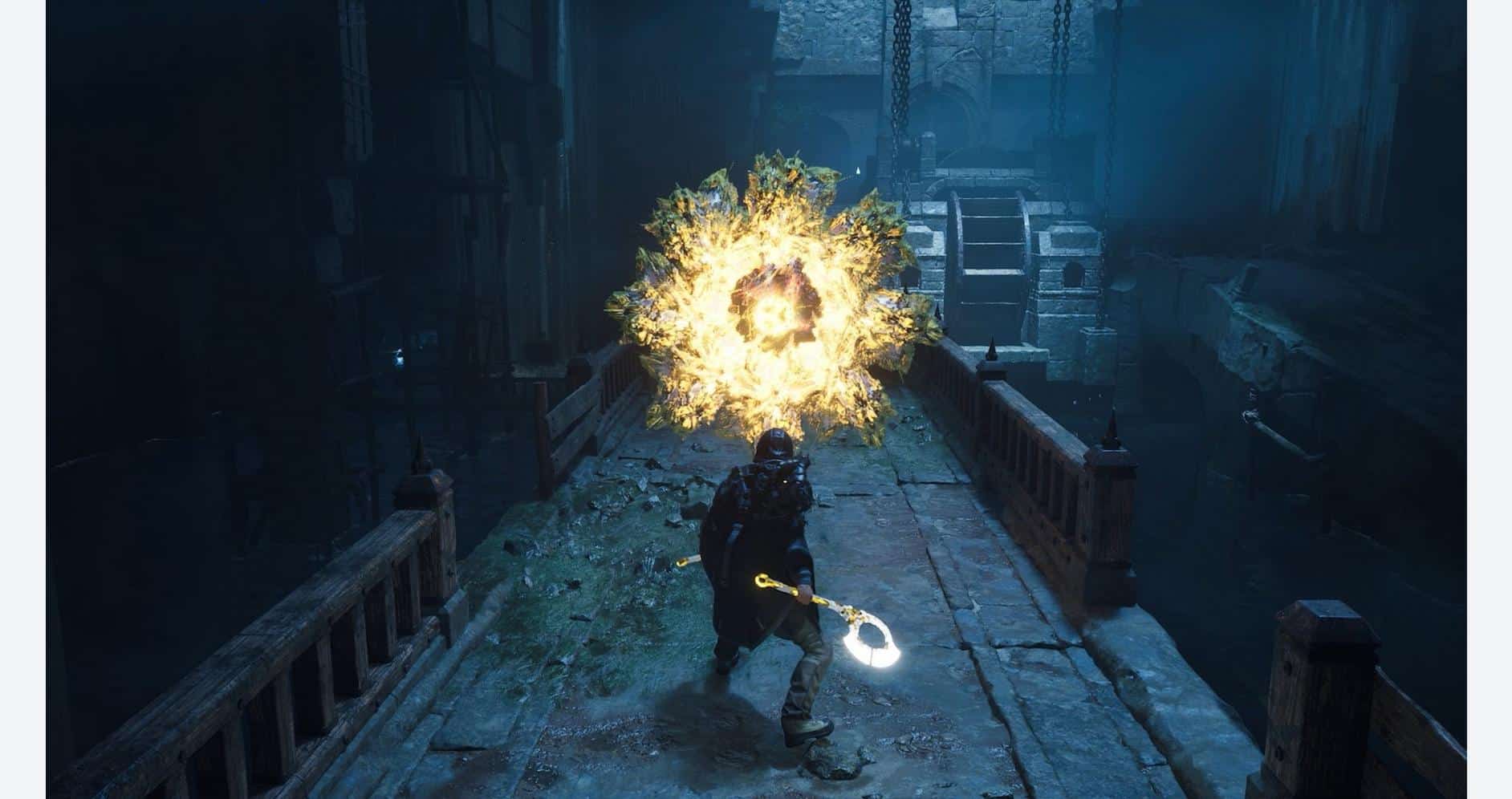 Firefighter battling explosion in urban environment, action-packed scene from a video game.