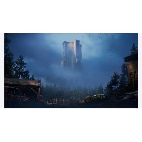 Tall, mysterious tower shrouded in fog with dark trees and abandoned cars in the foreground.