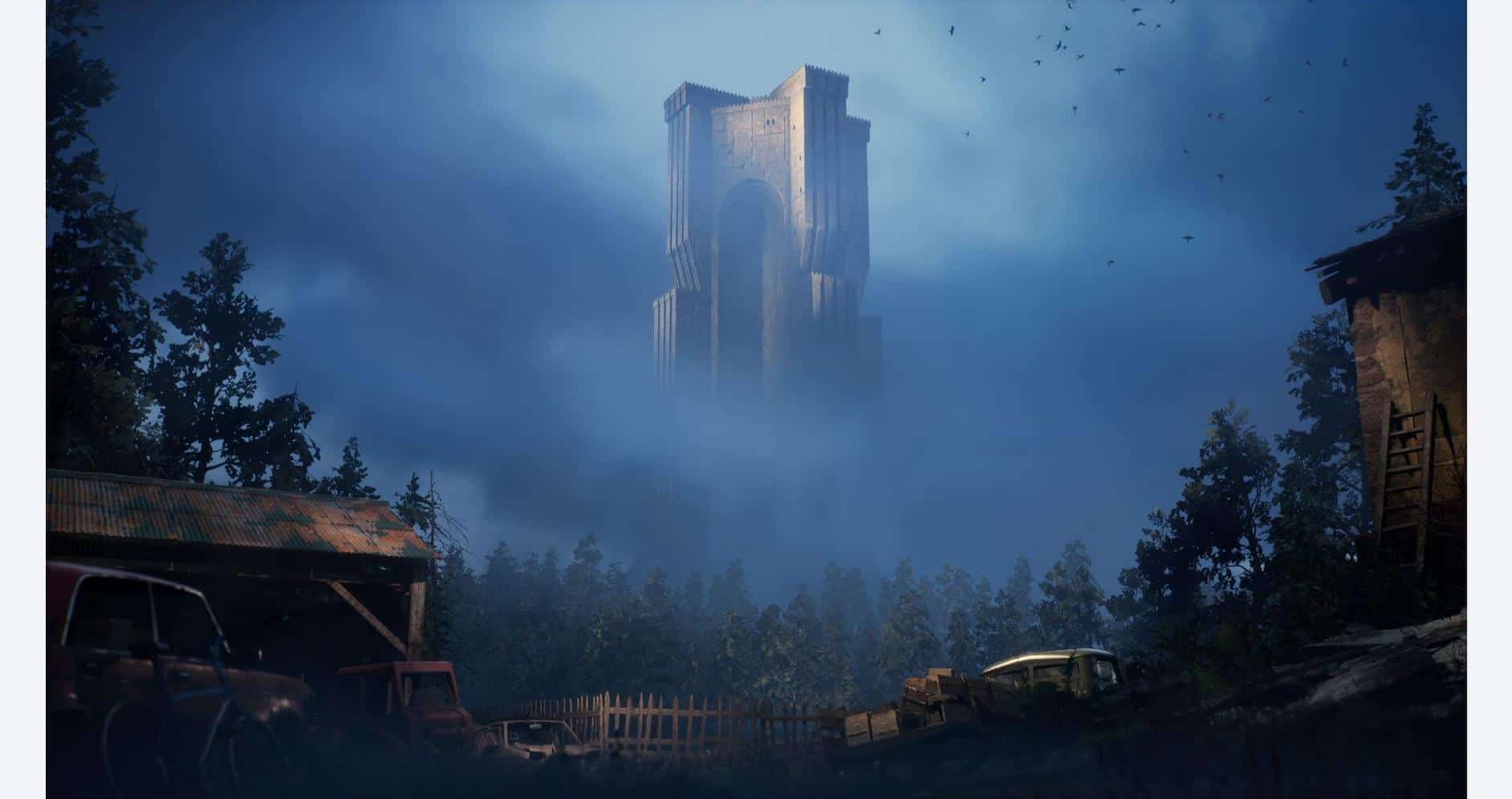 Tall, mysterious tower shrouded in fog with dark trees and abandoned cars in the foreground.