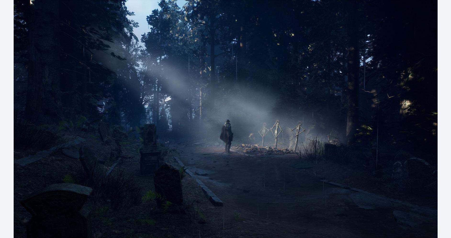 Mysterious forest scene with a lone figure walking through foggy woods at dawn.