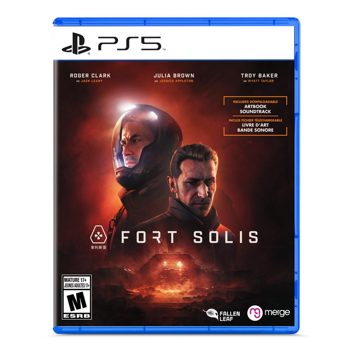 Fort Solis PlayStation 5 game cover featuring astronauts and sci-fi elements.