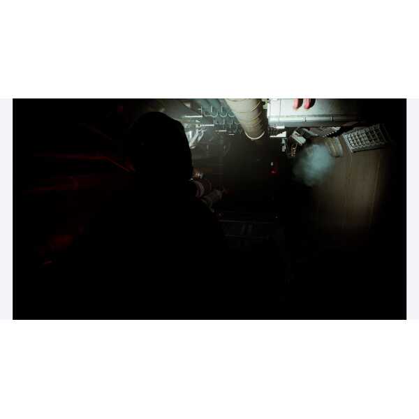 Dark gaming room with high-tech equipment and laser lights for immersive gameplay.
