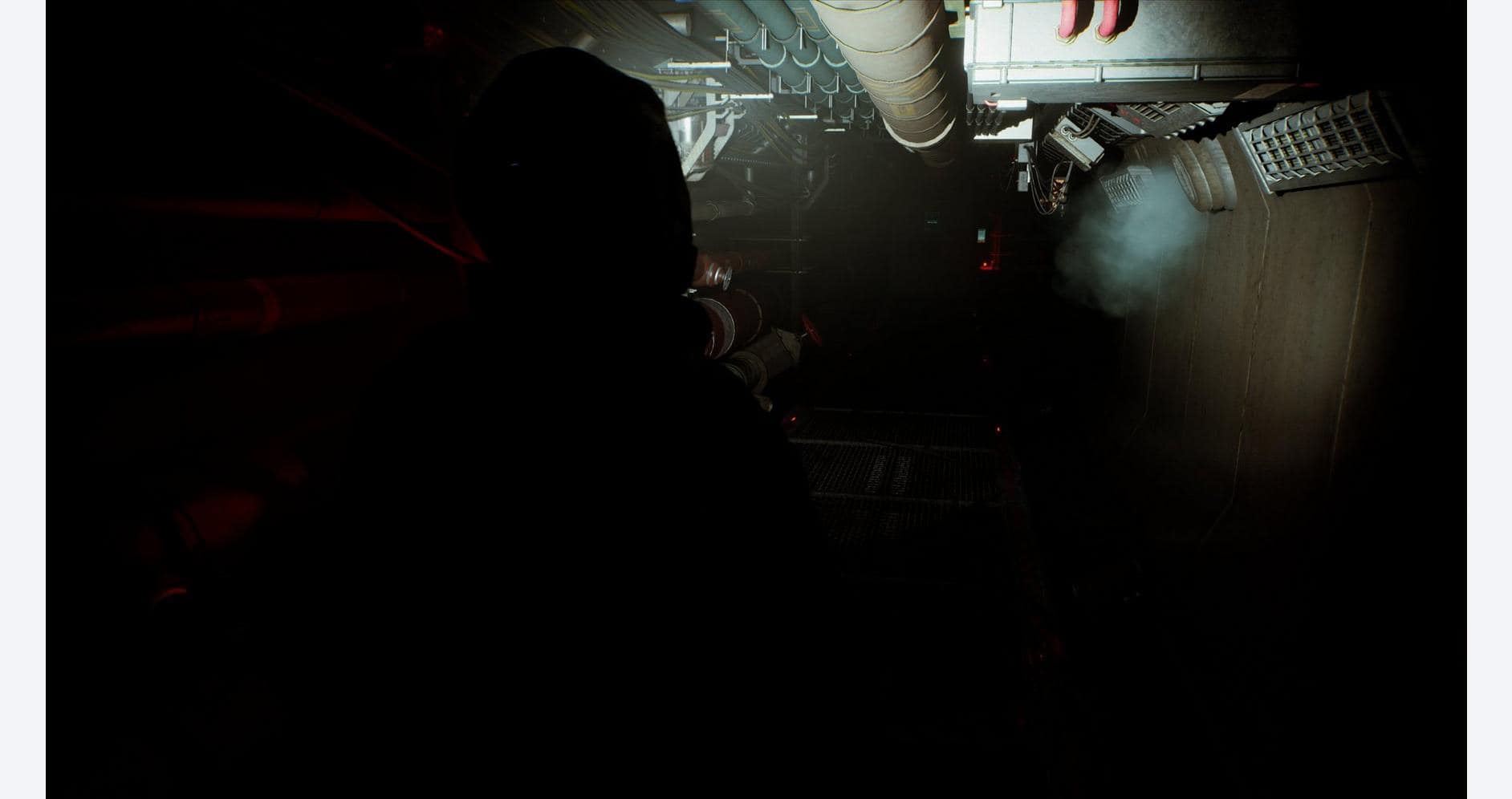 Dark gaming room with high-tech equipment and laser lights for immersive gameplay.