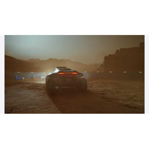 Futuristic off-road vehicle driving through desert at sunset, showcasing advanced gaming graphics.