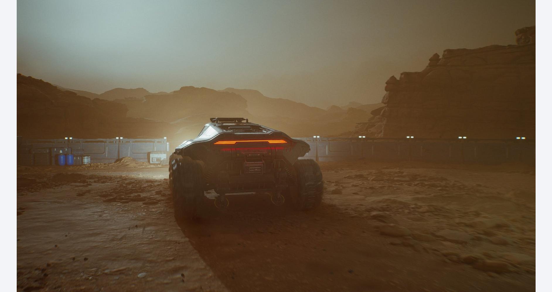 Futuristic off-road vehicle driving through desert at sunset, showcasing advanced gaming graphics.