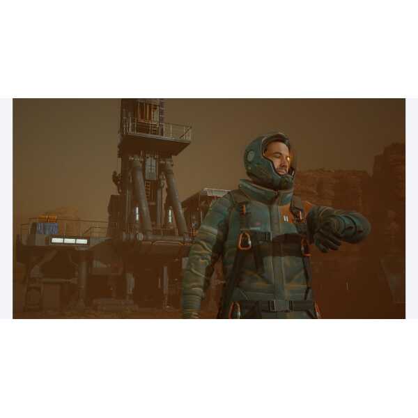 Mars colony astronaut in advanced space suit on alien planet.