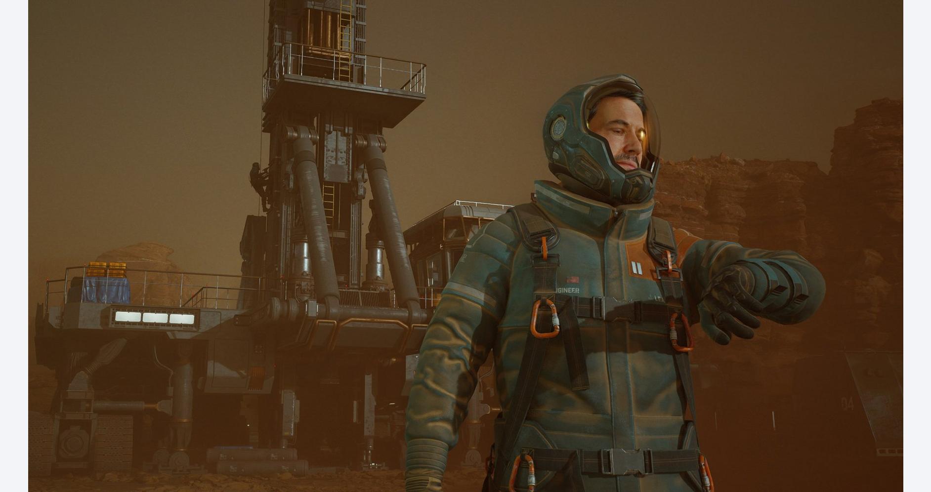 Mars colony astronaut in advanced space suit on alien planet.