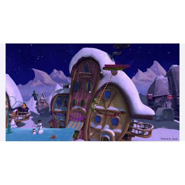 Snowy house with whimsical design in a winter landscape, featuring a boat, snowmen, and playful outd.