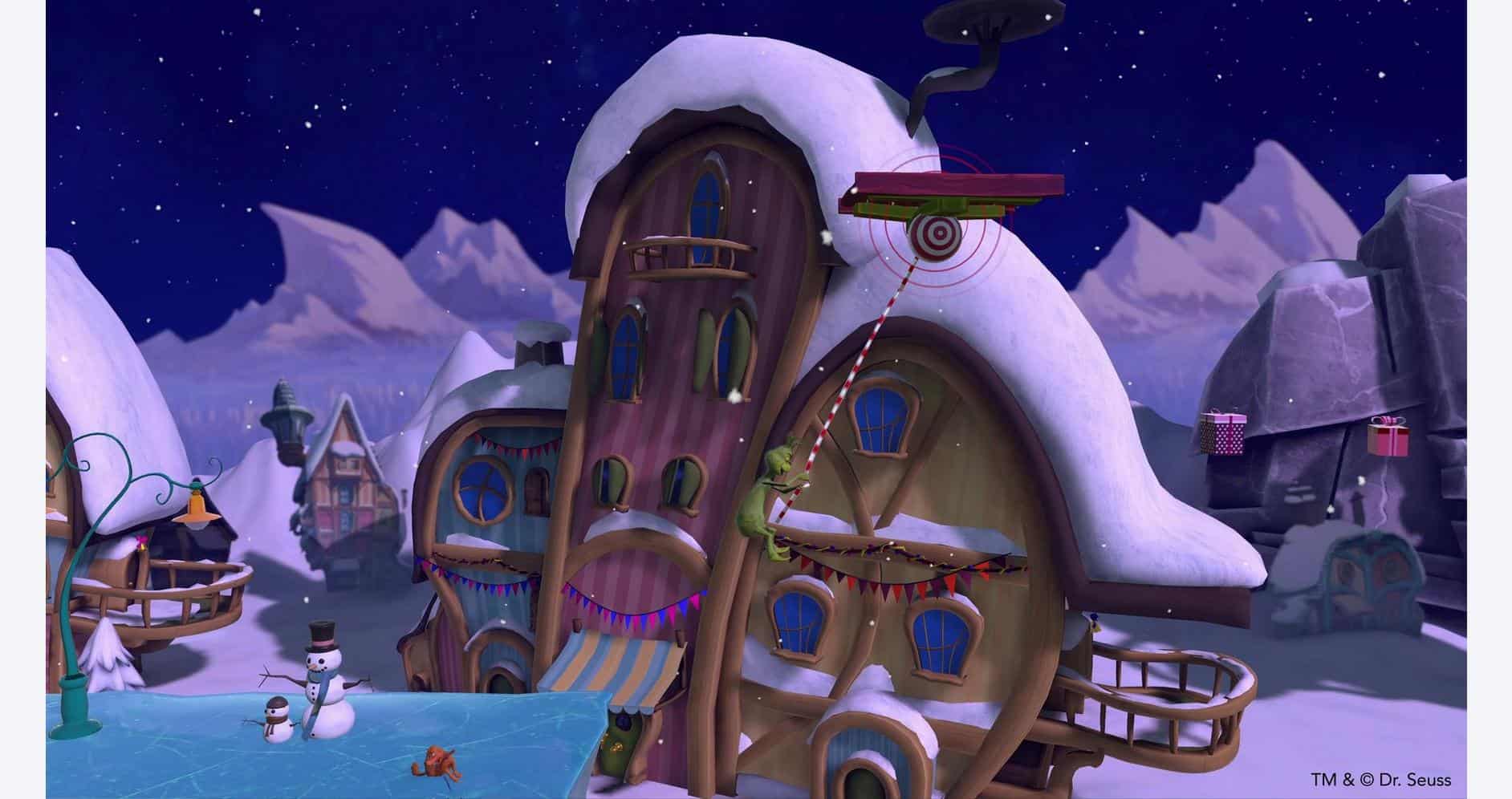 Snowy house with whimsical design in a winter landscape, featuring a boat, snowmen, and playful outd.
