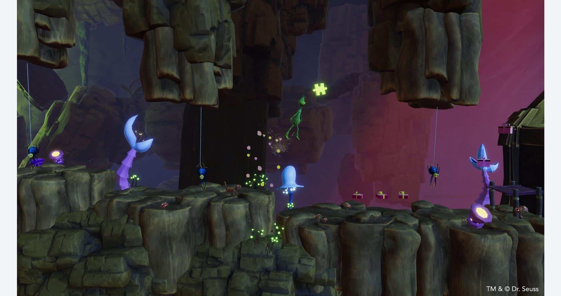 Fantasy platformer game scene with glowing mushrooms and floating islands.