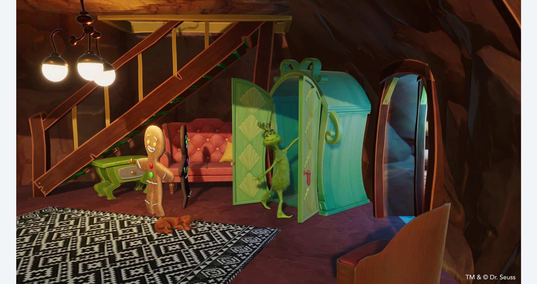 Fantasy game room with colorful props and cozy interior design.