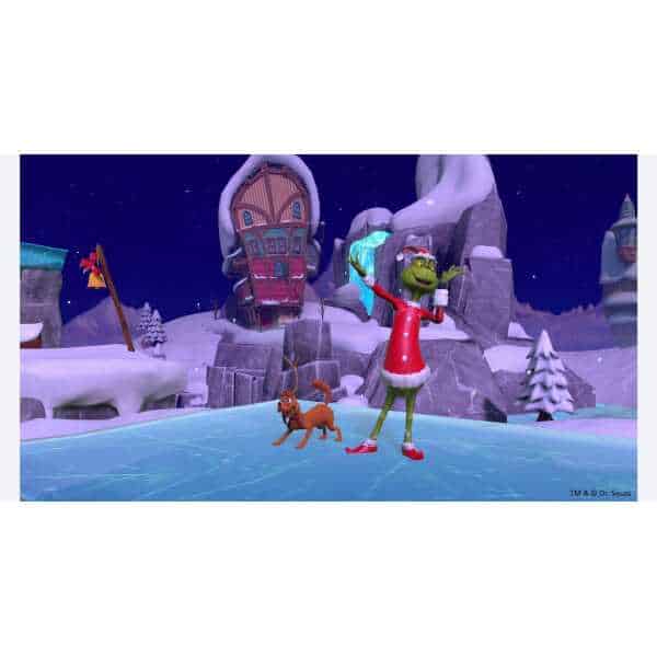 Winter holiday scene with a cheerful green character skating on ice, surrounded by snowy mountains a.
