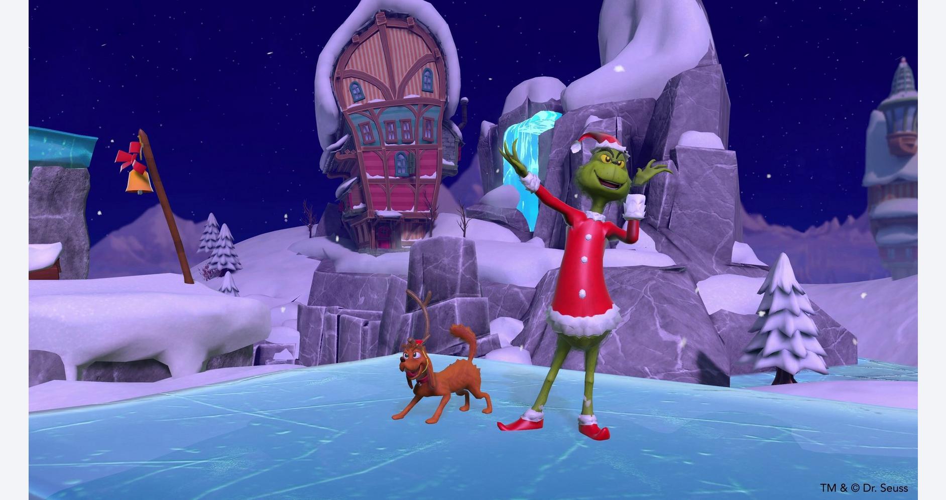 Winter holiday scene with a cheerful green character skating on ice, surrounded by snowy mountains a.
