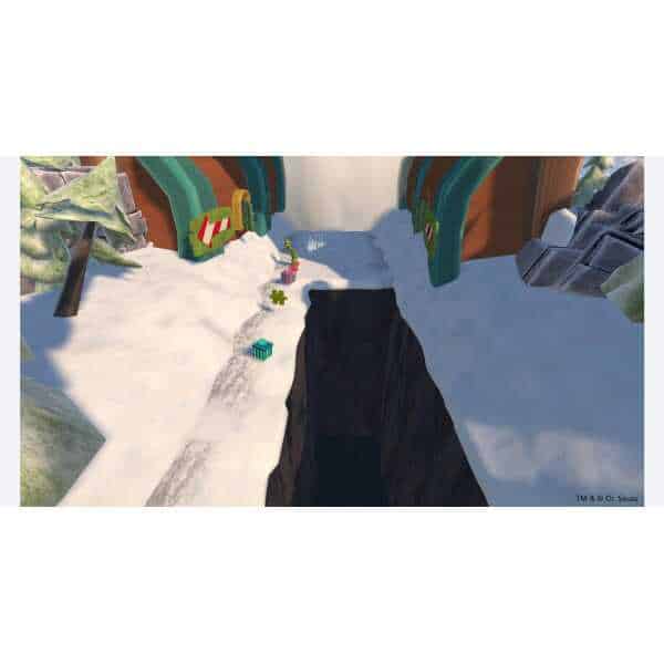 Winter landscape with snow, cliffs, and colorful structures in a game environment.