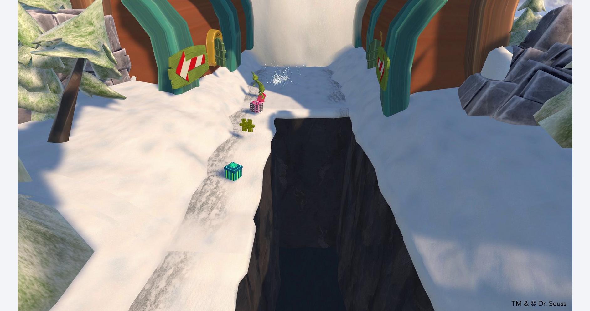 Winter landscape with snow, cliffs, and colorful structures in a game environment.