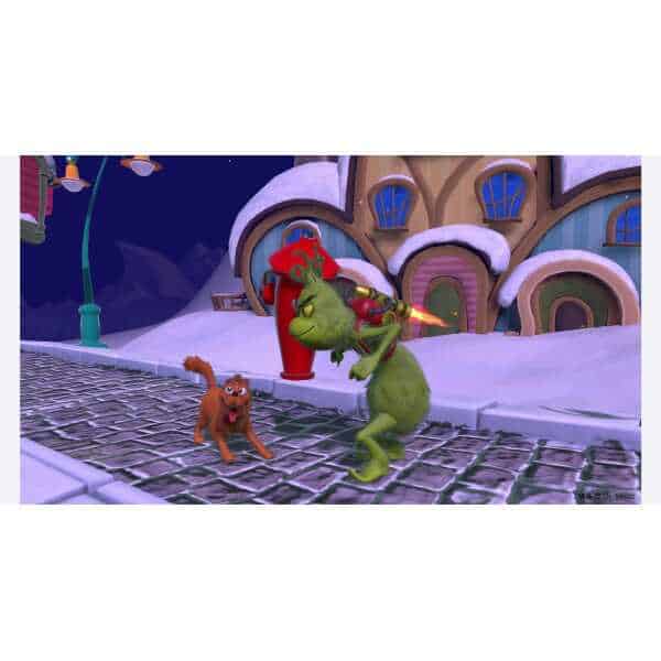 Whimsical winter scene with Dr. Seuss characters in a snowy town setting.