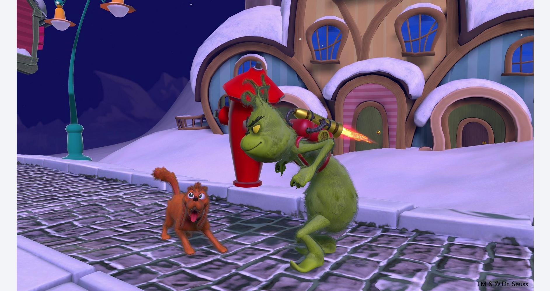 Whimsical winter scene with Dr. Seuss characters in a snowy town setting.