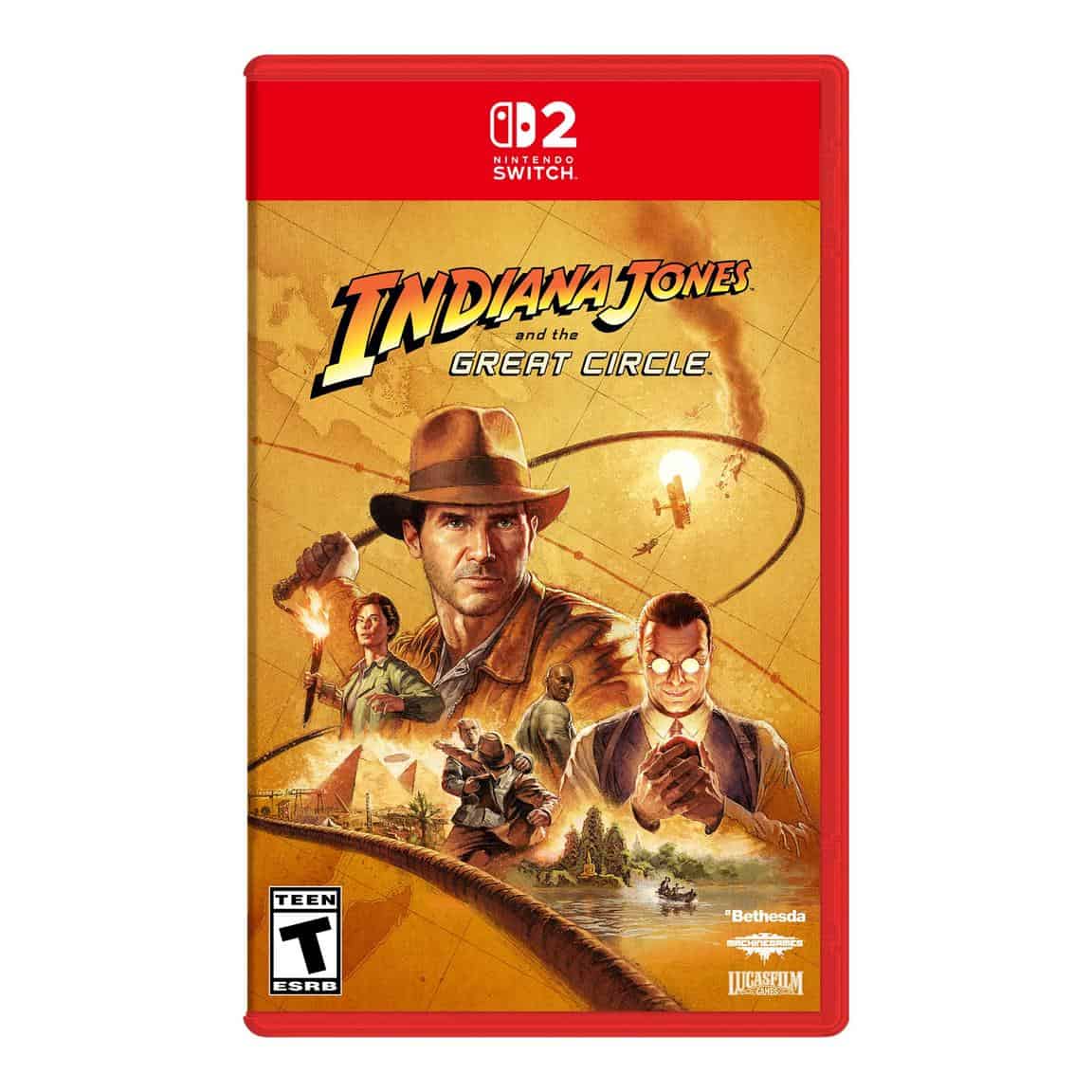 Indiana Jones and The Great Circle Nintendo Switch game cover with characters and adventure scene.