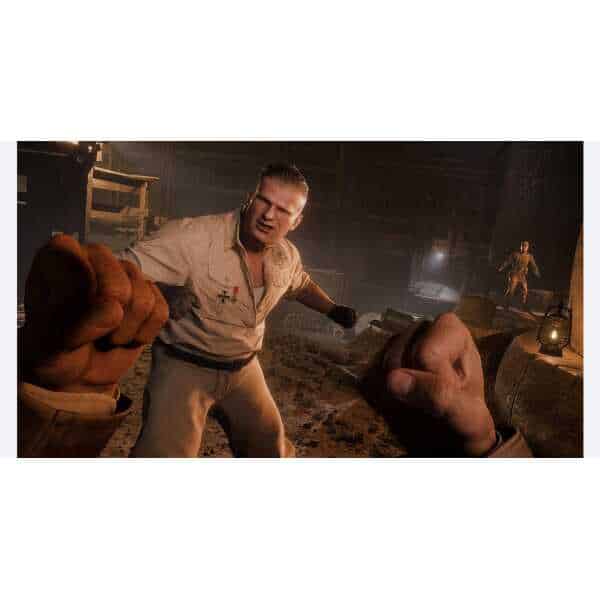 Indiana Jones in action with fists raised in a dark, adventurous setting.