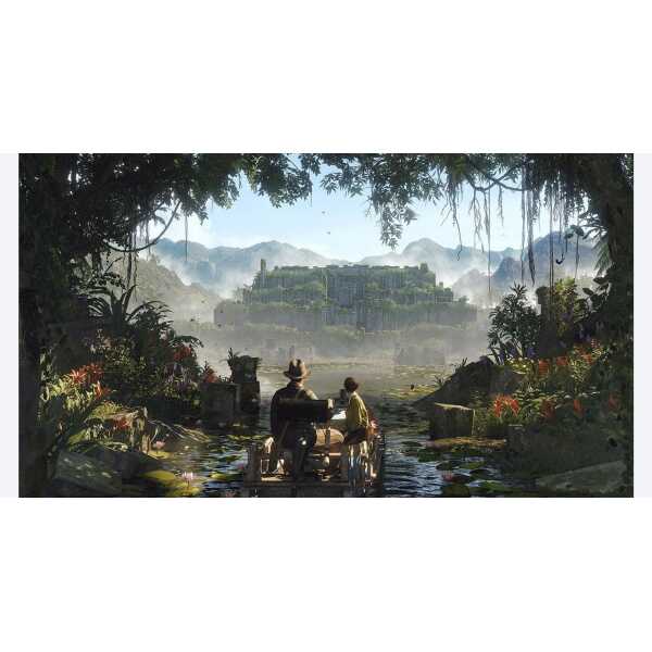Jungle scene with explorers approaching an ancient temple in lush rainforest.